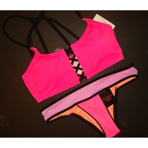 Victoria's Secret PINK S/XS BIKINI HOT PINK lilac purple BLACK colorblock Cutout